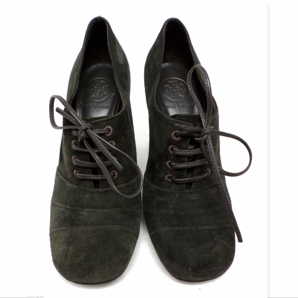 TORY BURCH Forest Green Suede Leather Block Heel Lace-up Ankle Boots Pumps 7
